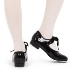 Capezio Patent tap shoe in black, back and lateral side view showing double-snap elastic strap and Tele Tone taps