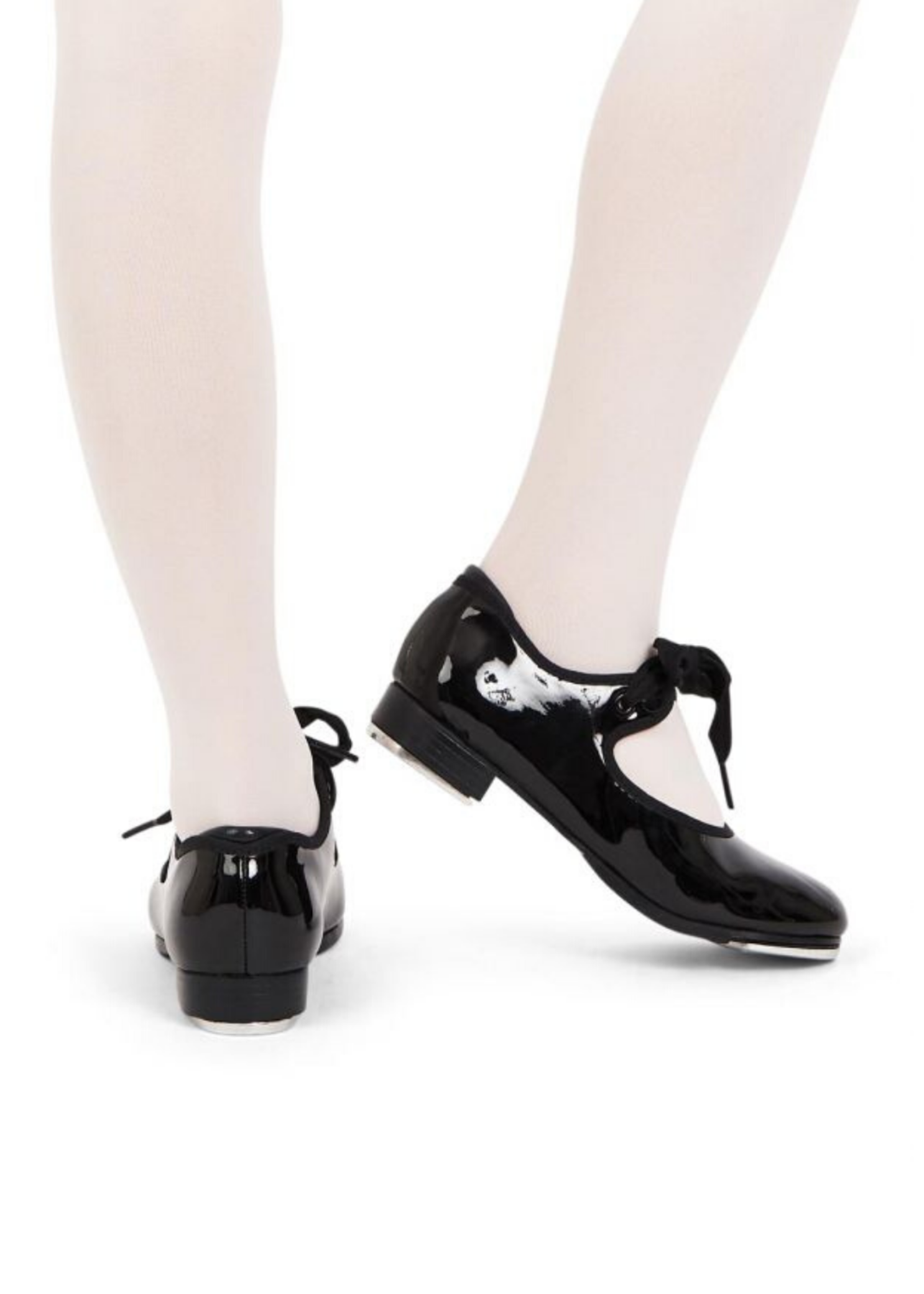 Capezio Patent tap shoe in black, back and lateral side view showing double-snap elastic strap and Tele Tone taps