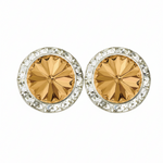 Rhinestones Unlimited 15mm starlight performance rhinestone earrings in Colorado Topaz, front view showing pair of warm honey brown rivoli center stones with clear rhinestone pave halo in silver-tone setting