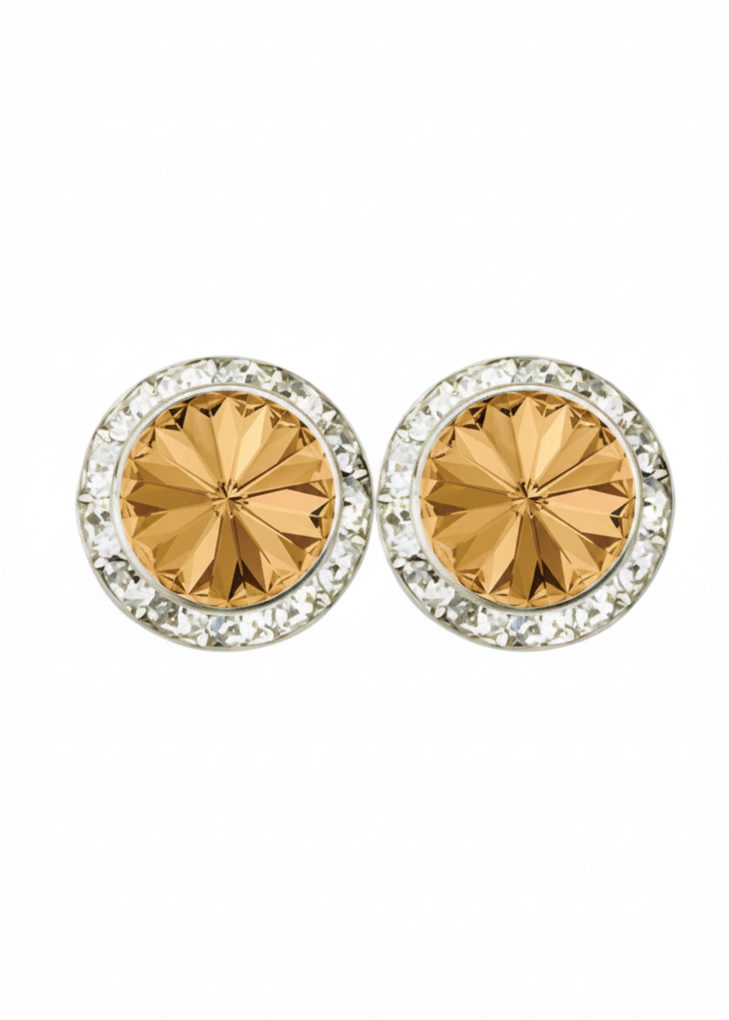 Rhinestones Unlimited 15mm starlight performance rhinestone earrings in Colorado Topaz, front view showing pair of warm honey brown rivoli center stones with clear rhinestone pave halo in silver-tone setting