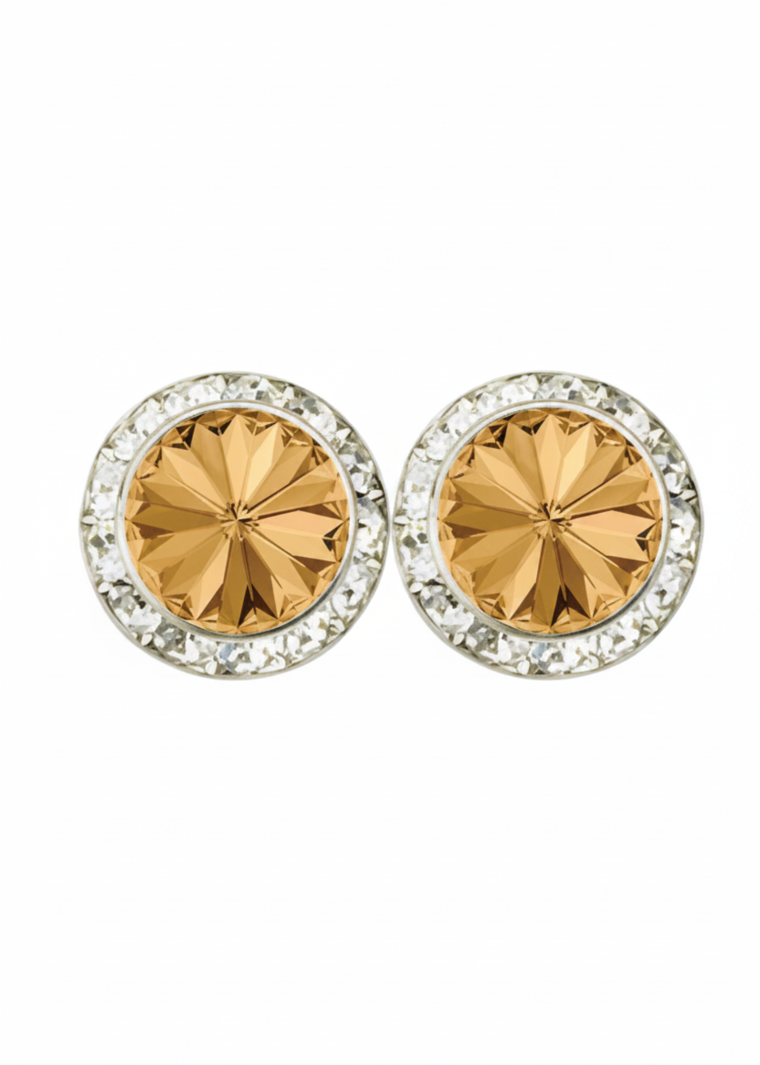 Rhinestones Unlimited 15mm starlight performance rhinestone earrings in Colorado Topaz, front view showing pair of warm honey brown rivoli center stones with clear rhinestone pave halo in silver-tone setting