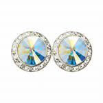 Rhinestones Unlimited 15mm starlight performance rhinestone earrings in Crystal AB, front view showing pair of aurora borealis iridescent rivoli center stones with clear rhinestone pave halo in silver-tone setting