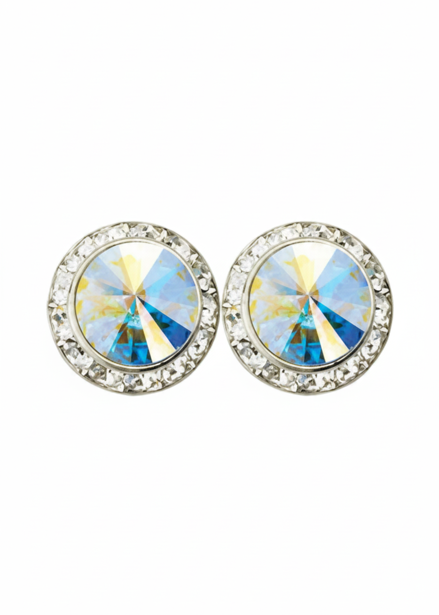 Rhinestones Unlimited 15mm starlight performance rhinestone earrings in Crystal AB, front view showing pair of aurora borealis iridescent rivoli center stones with clear rhinestone pave halo in silver-tone setting
