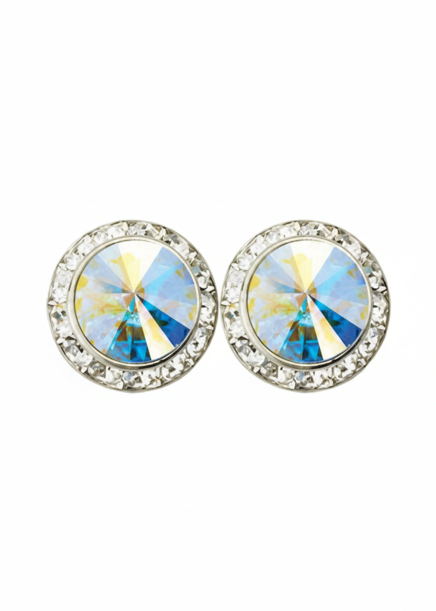 Rhinestones Unlimited 15mm starlight performance rhinestone earrings in Crystal AB, front view showing pair of aurora borealis iridescent rivoli center stones with clear rhinestone pave halo in silver-tone setting