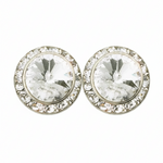 Rhinestones Unlimited 15mm starlight performance rhinestone earrings in Crystal, front view showing pair of clear rivoli center stones with clear rhinestone pave halo in silver-tone setting