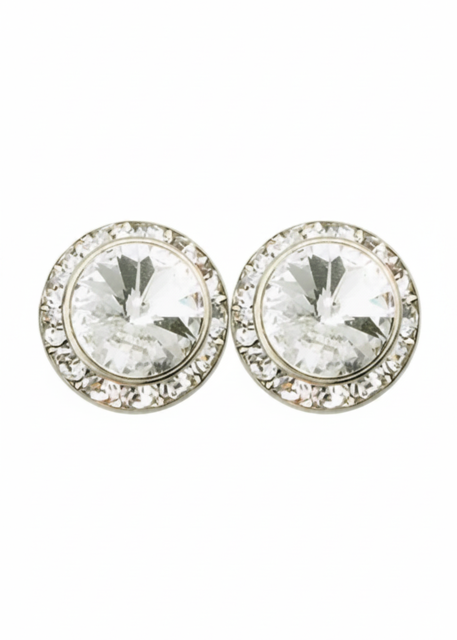 Rhinestones Unlimited 15mm starlight performance rhinestone earrings in Crystal, front view showing pair of clear rivoli center stones with clear rhinestone pave halo in silver-tone setting
