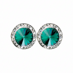 Rhinestones Unlimited 15mm starlight performance rhinestone earrings in Emerald, front view showing pair of deep emerald green rivoli center stones with clear rhinestone pave halo in silver-tone setting