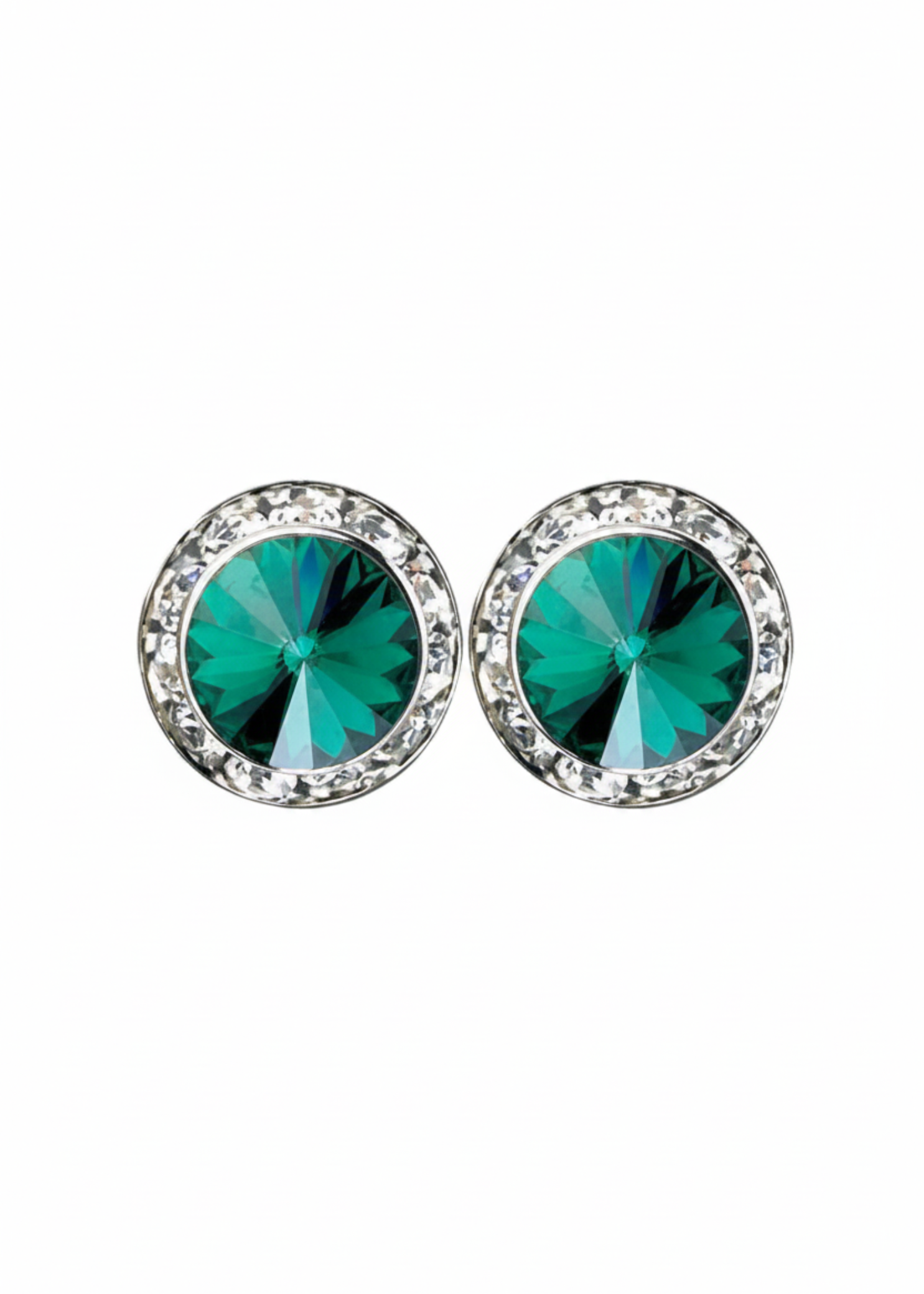 Rhinestones Unlimited 15mm starlight performance rhinestone earrings in Emerald, front view showing pair of deep emerald green rivoli center stones with clear rhinestone pave halo in silver-tone setting