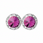 Rhinestones Unlimited 15mm starlight performance rhinestone earrings in Fuchsia, front view showing pair of bright fuchsia magenta rivoli center stones with clear rhinestone pave halo in silver-tone setting