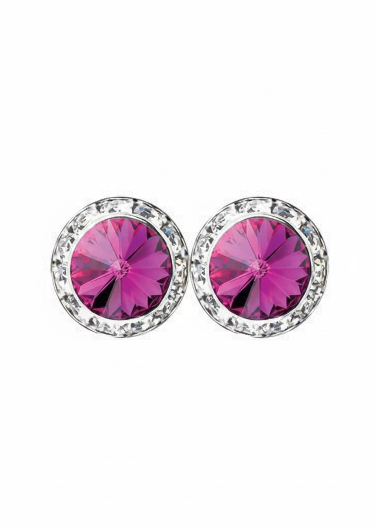 Rhinestones Unlimited 15mm starlight performance rhinestone earrings in Fuchsia, front view showing pair of bright fuchsia magenta rivoli center stones with clear rhinestone pave halo in silver-tone setting