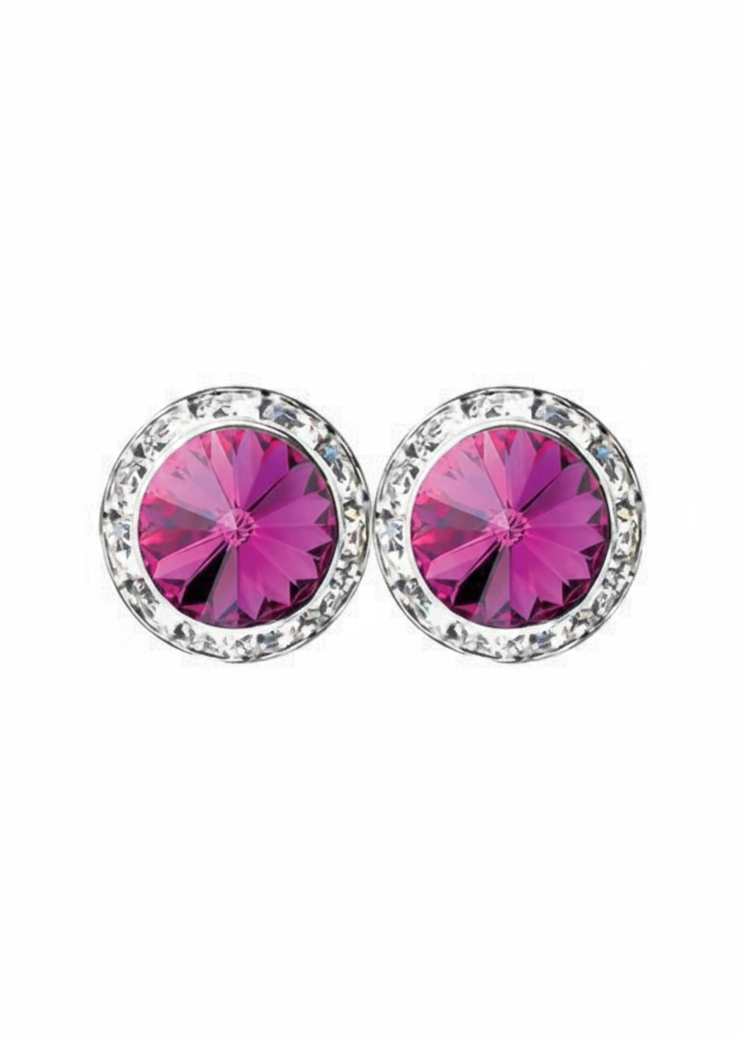 Rhinestones Unlimited 15mm starlight performance rhinestone earrings in Fuchsia, front view showing pair of bright fuchsia magenta rivoli center stones with clear rhinestone pave halo in silver-tone setting