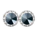 Rhinestones Unlimited 15mm starlight performance rhinestone earrings in Jet Hematite, front view showing pair of dark grey hematite rivoli center stones with clear rhinestone pave halo in silver-tone setting