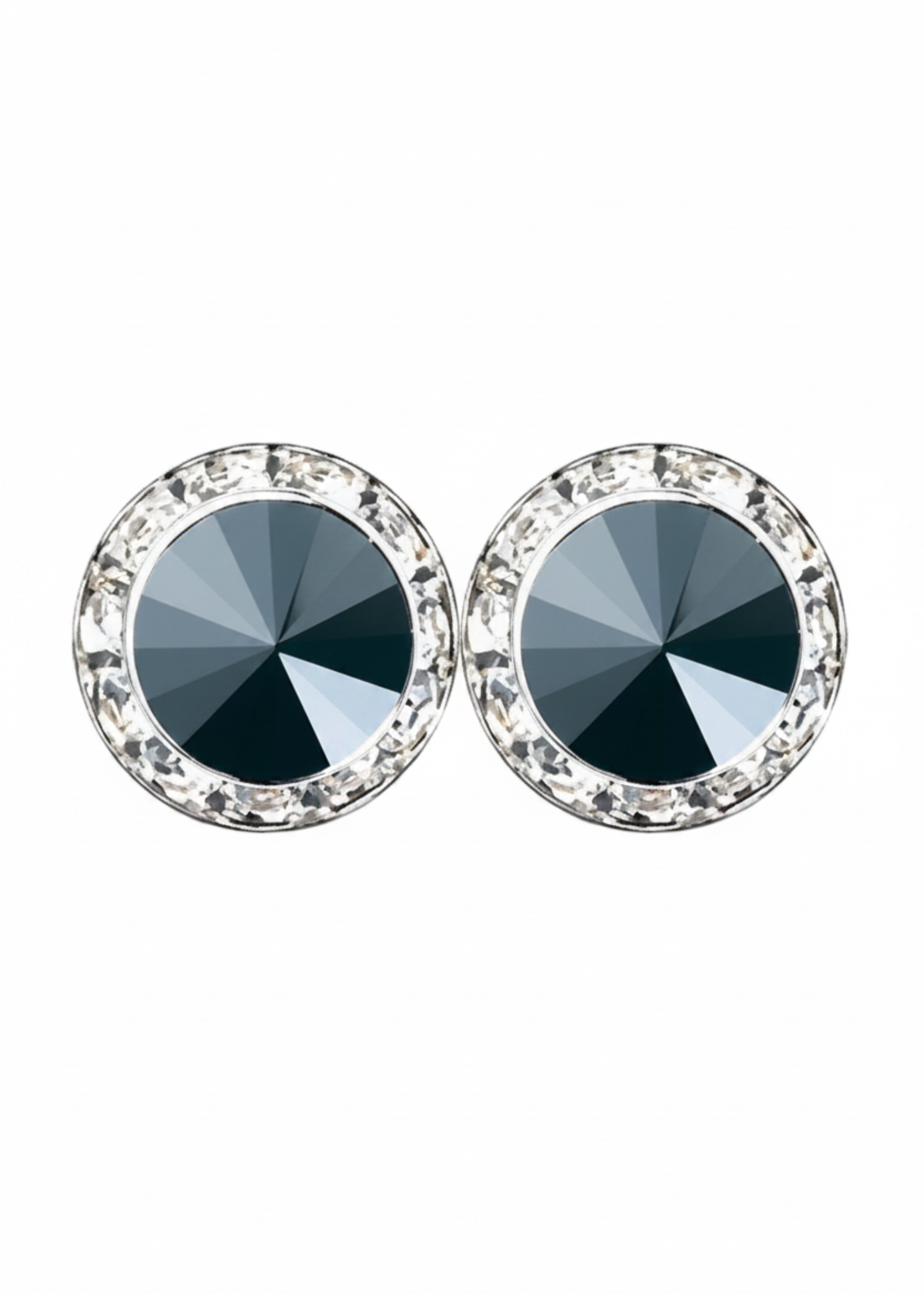 Rhinestones Unlimited 15mm starlight performance rhinestone earrings in Jet Hematite, front view showing pair of dark grey hematite rivoli center stones with clear rhinestone pave halo in silver-tone setting