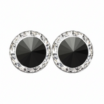 Rhinestones Unlimited 15mm starlight performance rhinestone earrings in Jet, front view showing pair of opaque black jet rivoli center stones with clear rhinestone pave halo in silver-tone setting