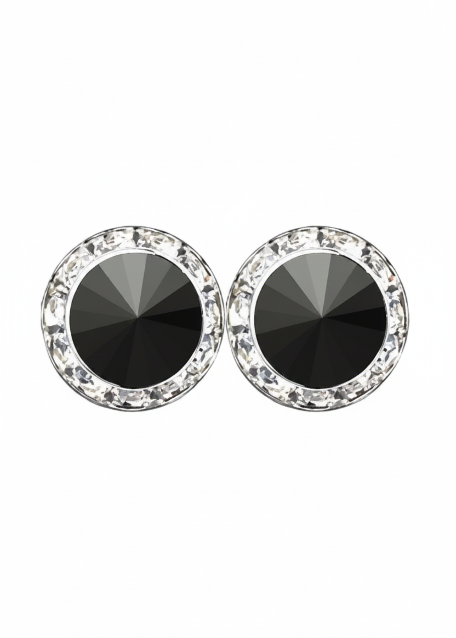 Rhinestones Unlimited 15mm starlight performance rhinestone earrings in Jet, front view showing pair of opaque black jet rivoli center stones with clear rhinestone pave halo in silver-tone setting