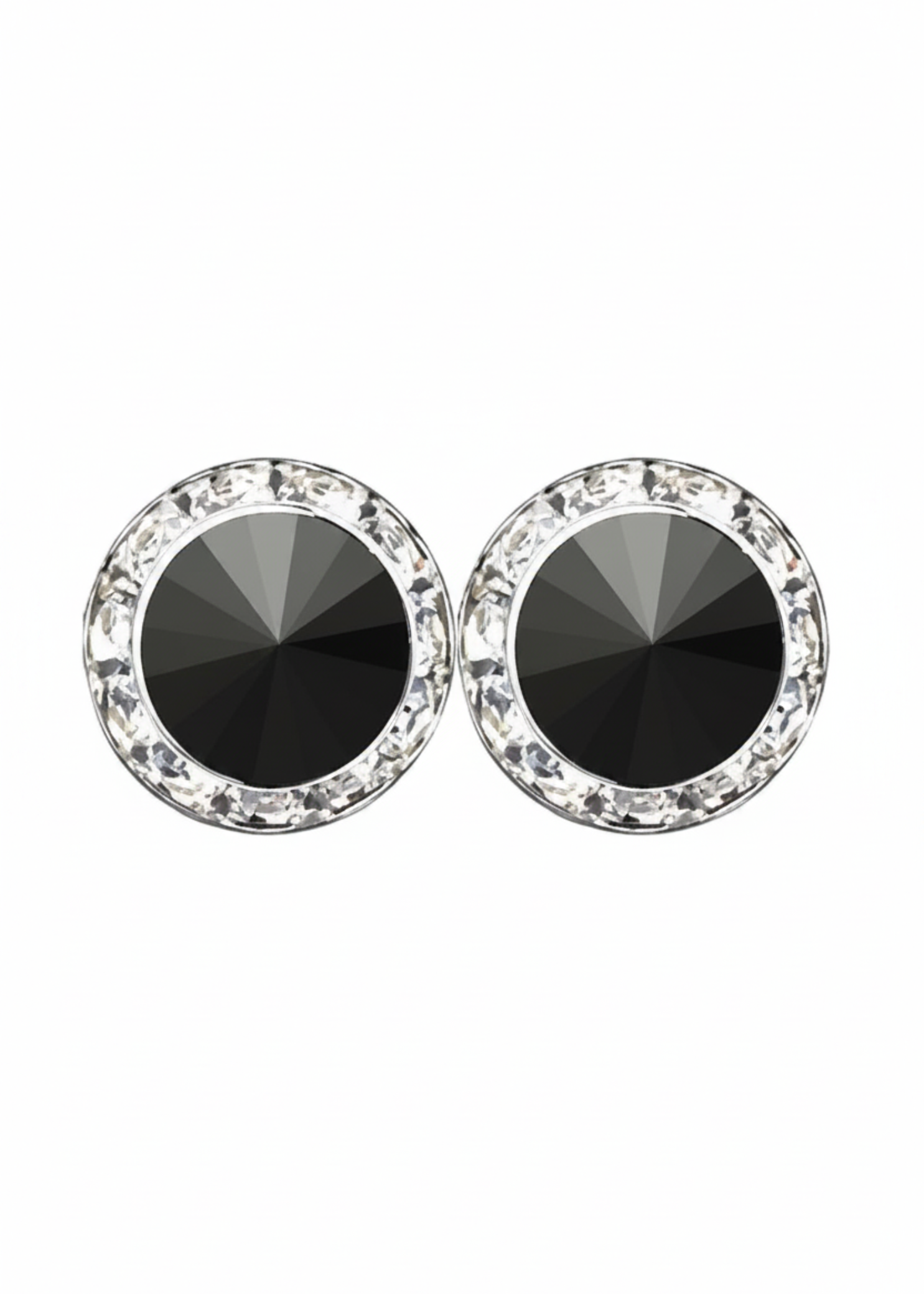 Rhinestones Unlimited 15mm starlight performance rhinestone earrings in Jet, front view showing pair of opaque black jet rivoli center stones with clear rhinestone pave halo in silver-tone setting