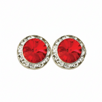 Rhinestones Unlimited 15mm starlight performance rhinestone earrings in Light Siam, front view showing pair of light red rivoli center stones with clear rhinestone pave halo in silver-tone setting