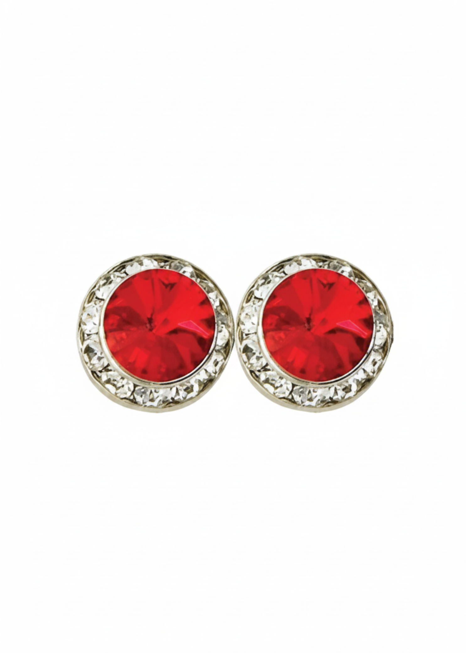 Rhinestones Unlimited 15mm starlight performance rhinestone earrings in Light Siam, front view showing pair of light red rivoli center stones with clear rhinestone pave halo in silver-tone setting