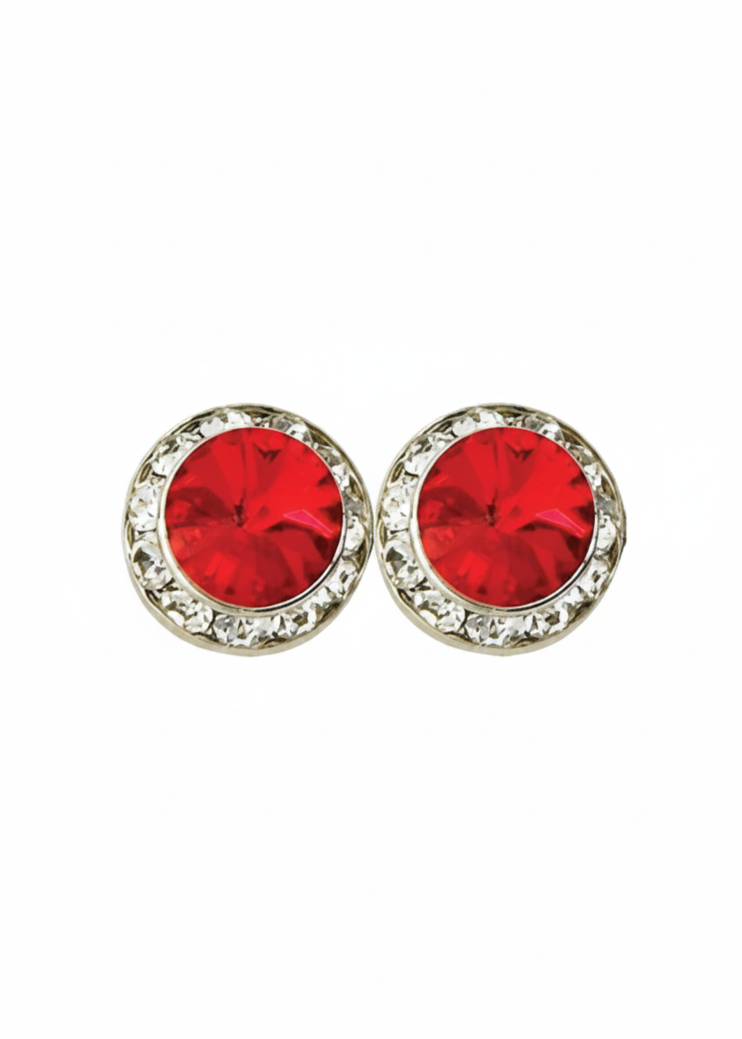 Rhinestones Unlimited 15mm starlight performance rhinestone earrings in Light Siam, front view showing pair of light red rivoli center stones with clear rhinestone pave halo in silver-tone setting
