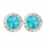 Rhinestones Unlimited 15mm starlight performance rhinestone earrings in Light Turquoise, front view showing pair of light turquoise rivoli center stones with clear rhinestone pave halo in silver-tone setting