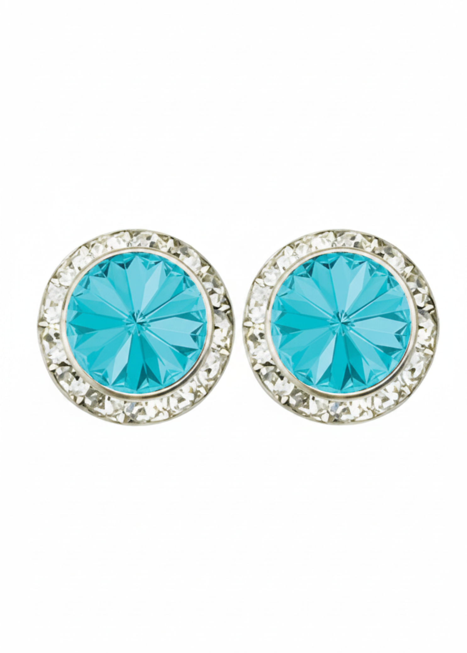 Rhinestones Unlimited 15mm starlight performance rhinestone earrings in Light Turquoise, front view showing pair of light turquoise rivoli center stones with clear rhinestone pave halo in silver-tone setting