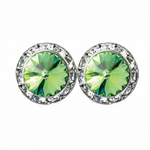 Rhinestones Unlimited 15mm starlight performance rhinestone earrings in Peridot, front view showing pair of yellow-green peridot rivoli center stones with clear rhinestone pave halo in silver-tone setting