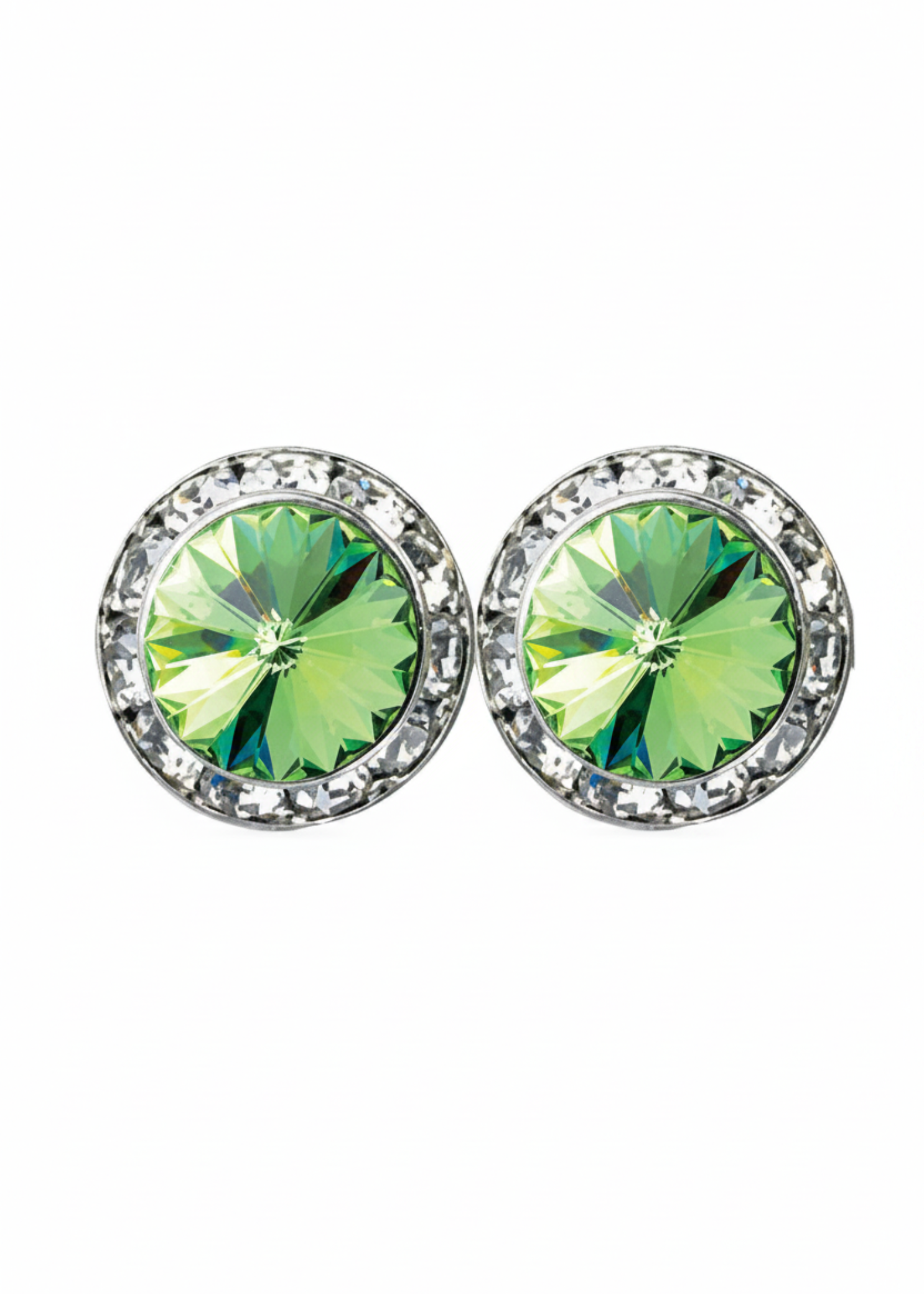 Rhinestones Unlimited 15mm starlight performance rhinestone earrings in Peridot, front view showing pair of yellow-green peridot rivoli center stones with clear rhinestone pave halo in silver-tone setting