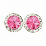 Rhinestones Unlimited 15mm starlight performance rhinestone earrings in Rose, front view showing pair of soft rose pink rivoli center stones with clear rhinestone pave halo in silver-tone setting