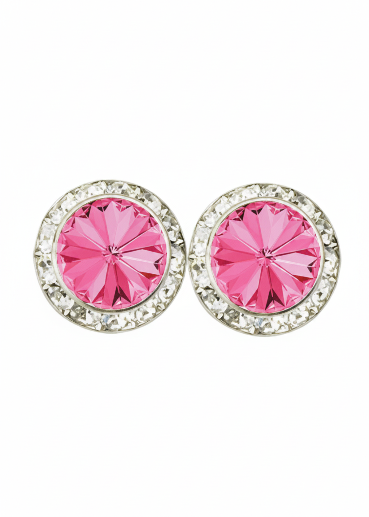 Rhinestones Unlimited 15mm starlight performance rhinestone earrings in Rose, front view showing pair of soft rose pink rivoli center stones with clear rhinestone pave halo in silver-tone setting
