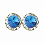 Rhinestones Unlimited 15mm starlight performance rhinestone earrings in Sapphire, front view showing pair of deep blue sapphire rivoli center stones with clear rhinestone pave halo in silver-tone setting