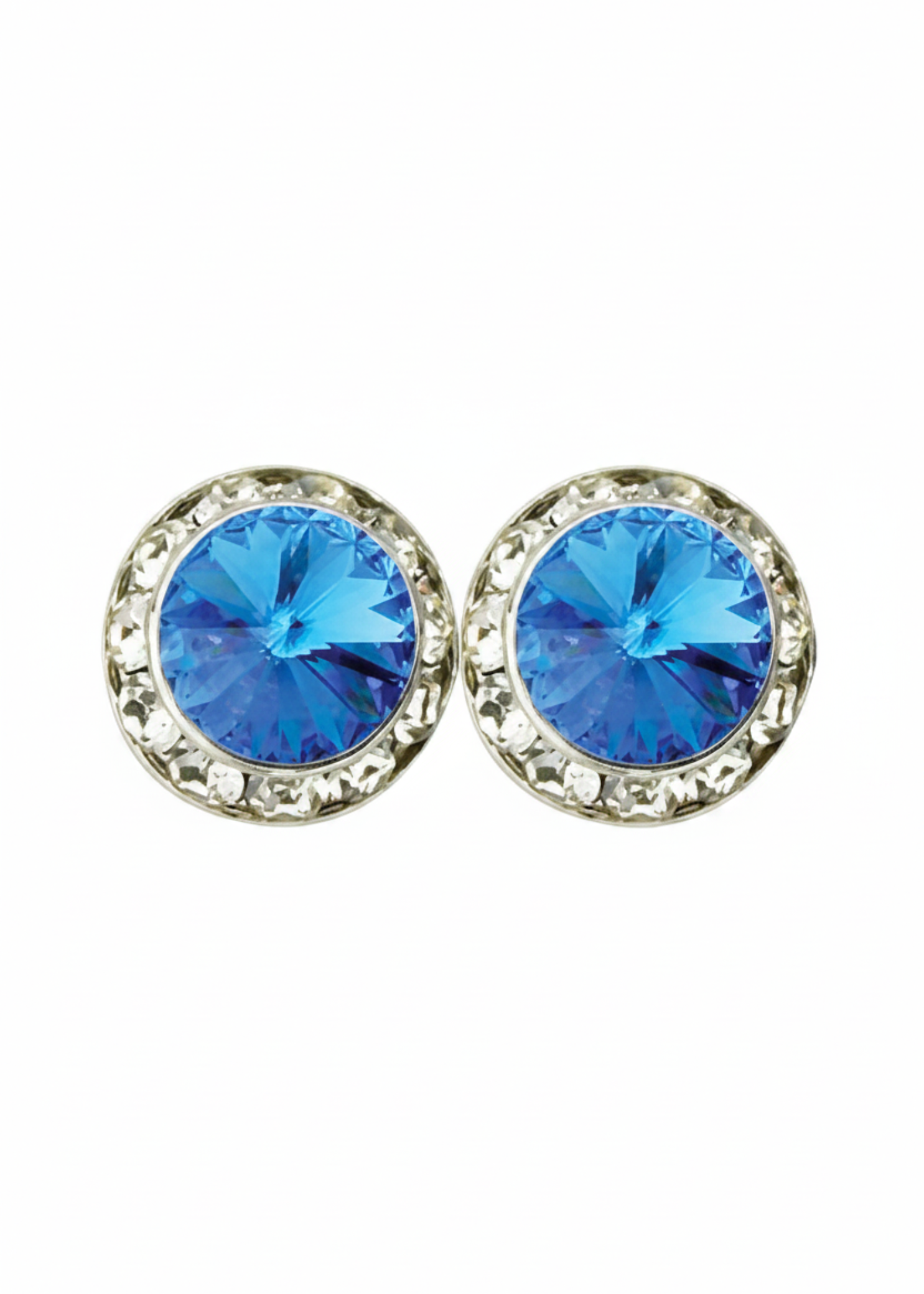 Rhinestones Unlimited 15mm starlight performance rhinestone earrings in Sapphire, front view showing pair of deep blue sapphire rivoli center stones with clear rhinestone pave halo in silver-tone setting