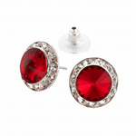Rhinestones Unlimited 15mm starlight performance rhinestone earrings in Siam, front view showing pair of deep red siam rivoli center stones with clear rhinestone pave halo in silver-tone setting