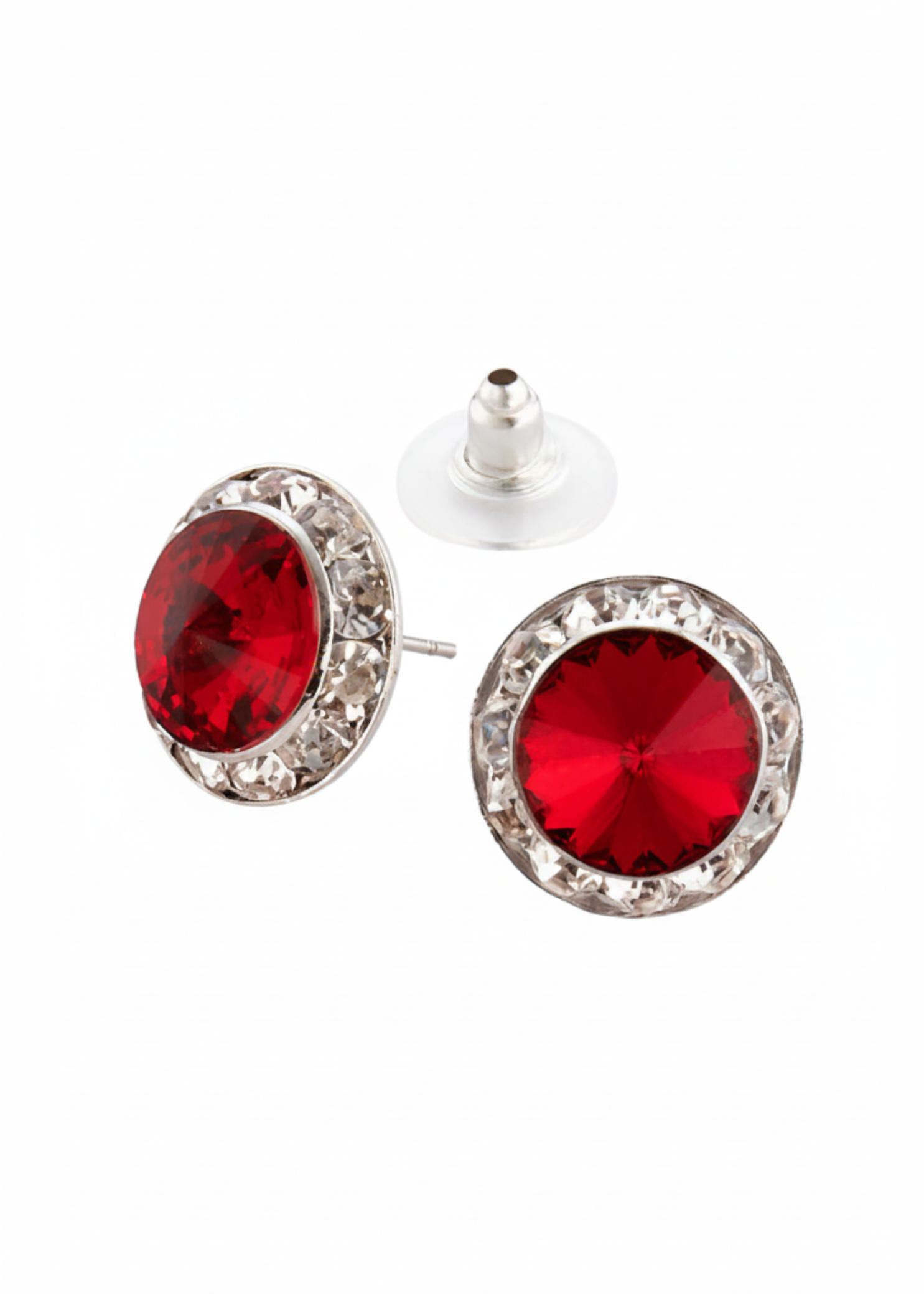 Rhinestones Unlimited 15mm starlight performance rhinestone earrings in Siam, front view showing pair of deep red siam rivoli center stones with clear rhinestone pave halo in silver-tone setting
