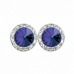 Rhinestones Unlimited 15mm starlight performance rhinestone earrings in Tanzanite, front view showing pair of blue-violet rivoli center stones with clear rhinestone pave halo in silver-tone setting