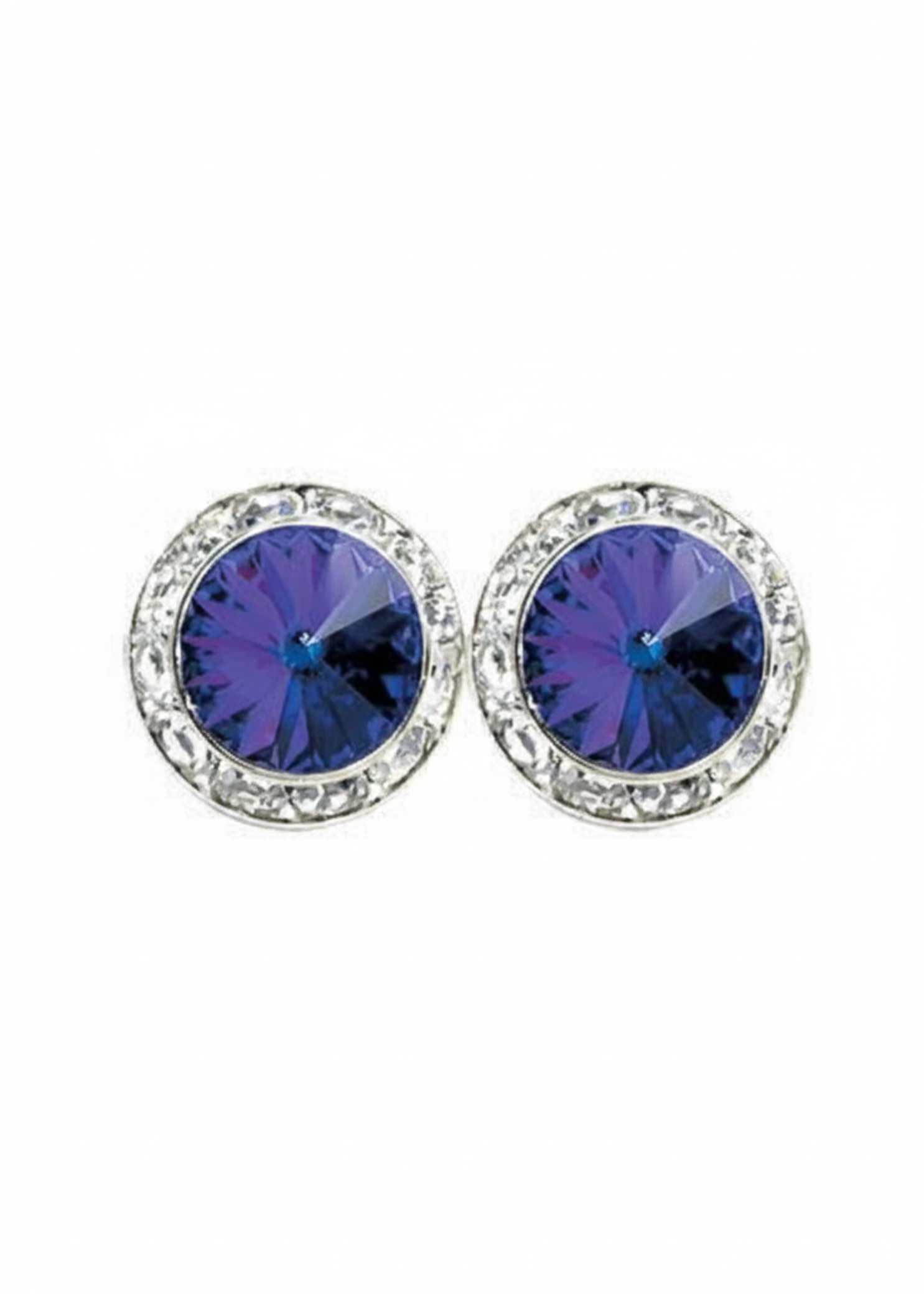 Rhinestones Unlimited 15mm starlight performance rhinestone earrings in Tanzanite, front view showing pair of blue-violet rivoli center stones with clear rhinestone pave halo in silver-tone setting
