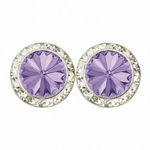 Rhinestones Unlimited 15mm starlight performance rhinestone earrings in Violet, front view showing pair of medium purple rivoli center stones with clear rhinestone pave halo in silver-tone setting