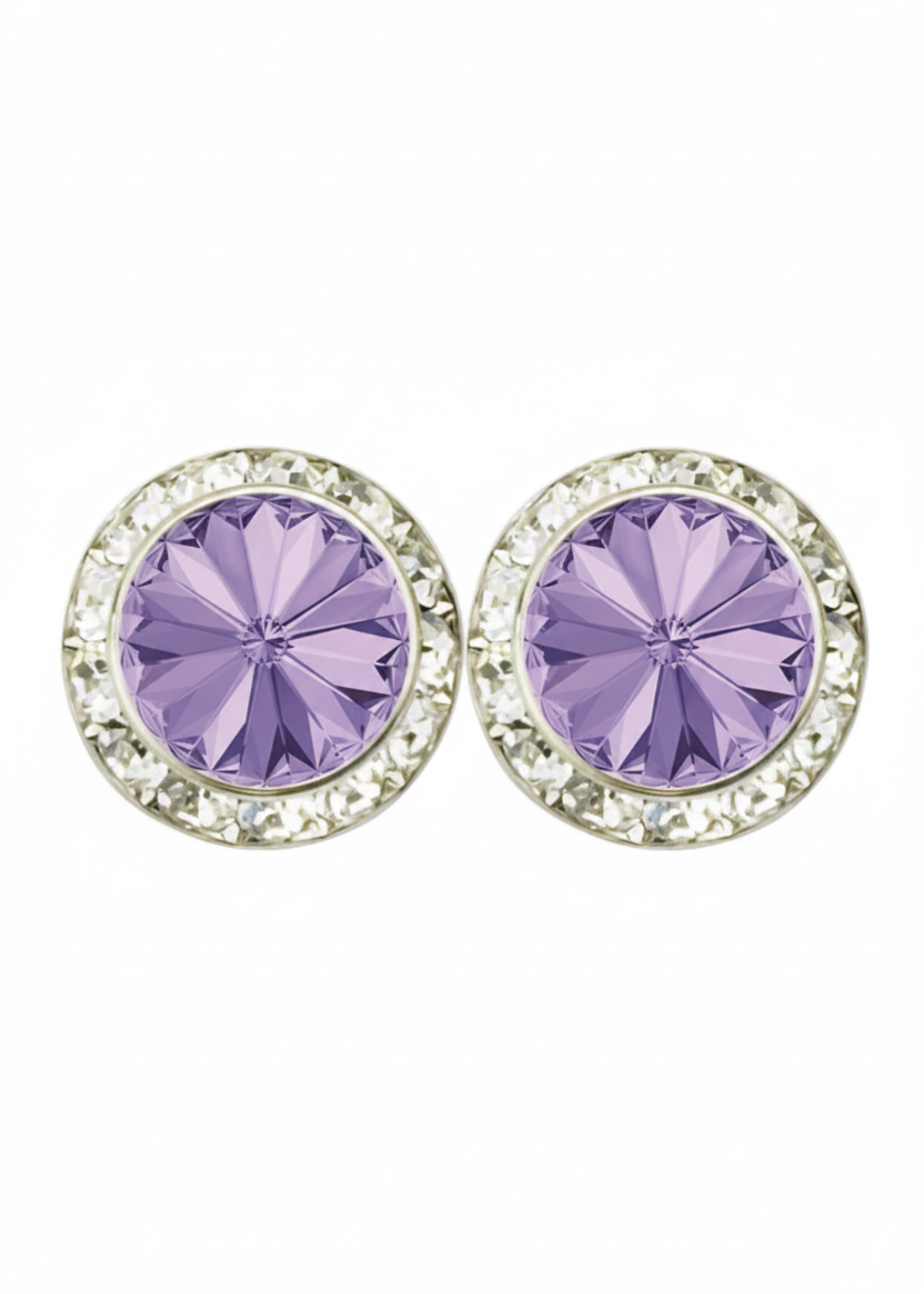 Rhinestones Unlimited 15mm starlight performance rhinestone earrings in Violet, front view showing pair of medium purple rivoli center stones with clear rhinestone pave halo in silver-tone setting