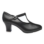 So Danca Leather T-strap tap shoe in black, lateral side view showing T-strap buckle and 2" heel with tap