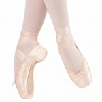 Nikolay Satin pointe shoe in pink, medial and top view showing wide platform and long wings with U-shaped vamp