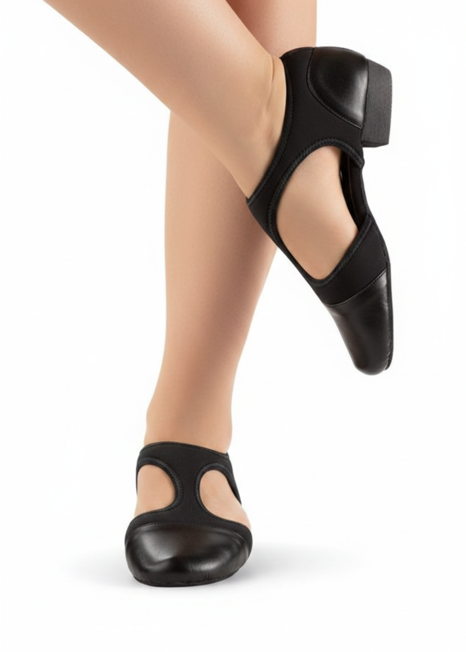 Capezio Leather jazz shoe in black, front and medial side view showing split sole and exposed arch