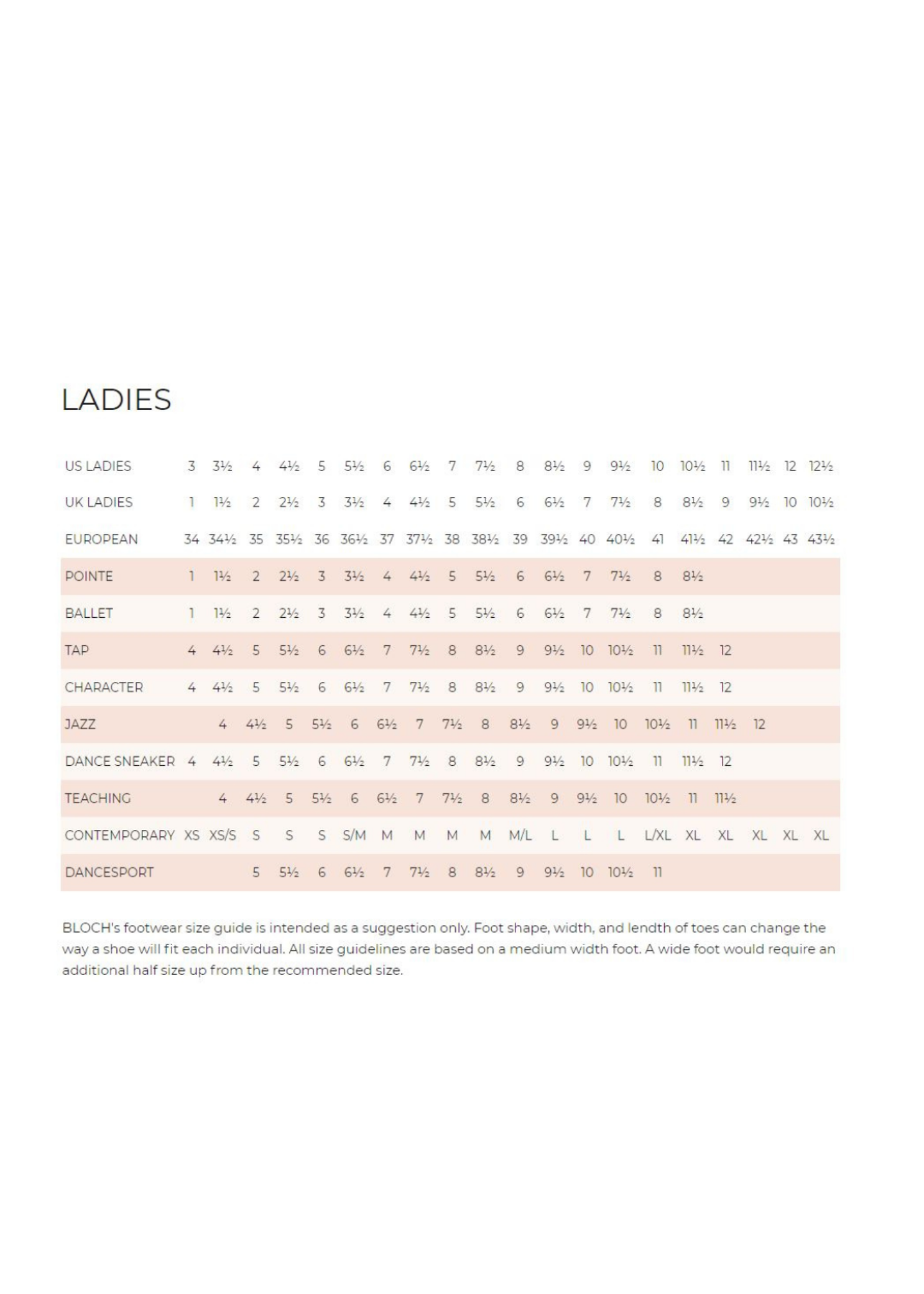Respect Tap for Women sizing guide