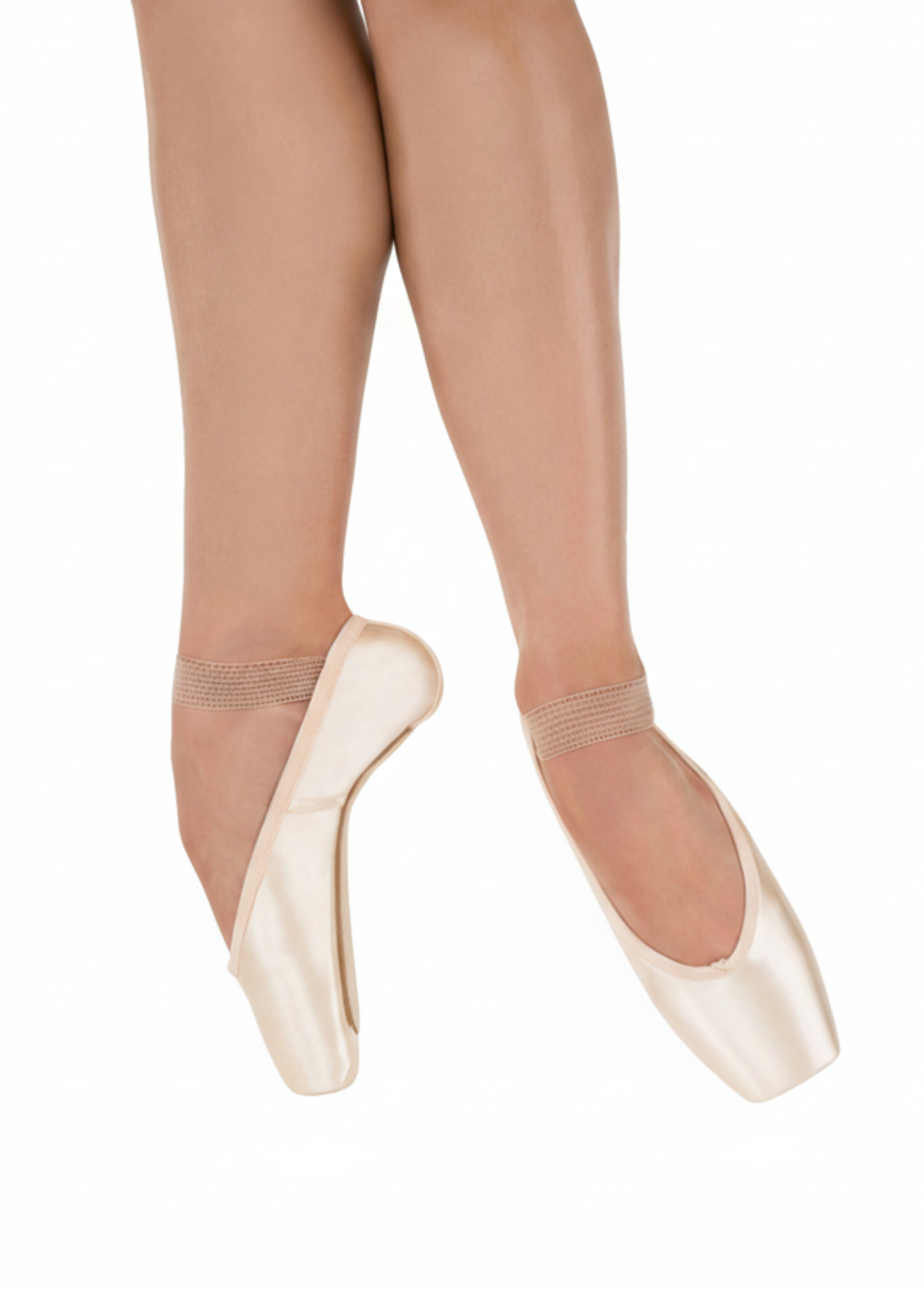 Suffolk Satin pointe shoe in pink, medial side and top view showing medium platform and pleatless slightly tapered box