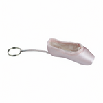 Pink mini pointe shoe keychain with realistic stitching and compact durable design