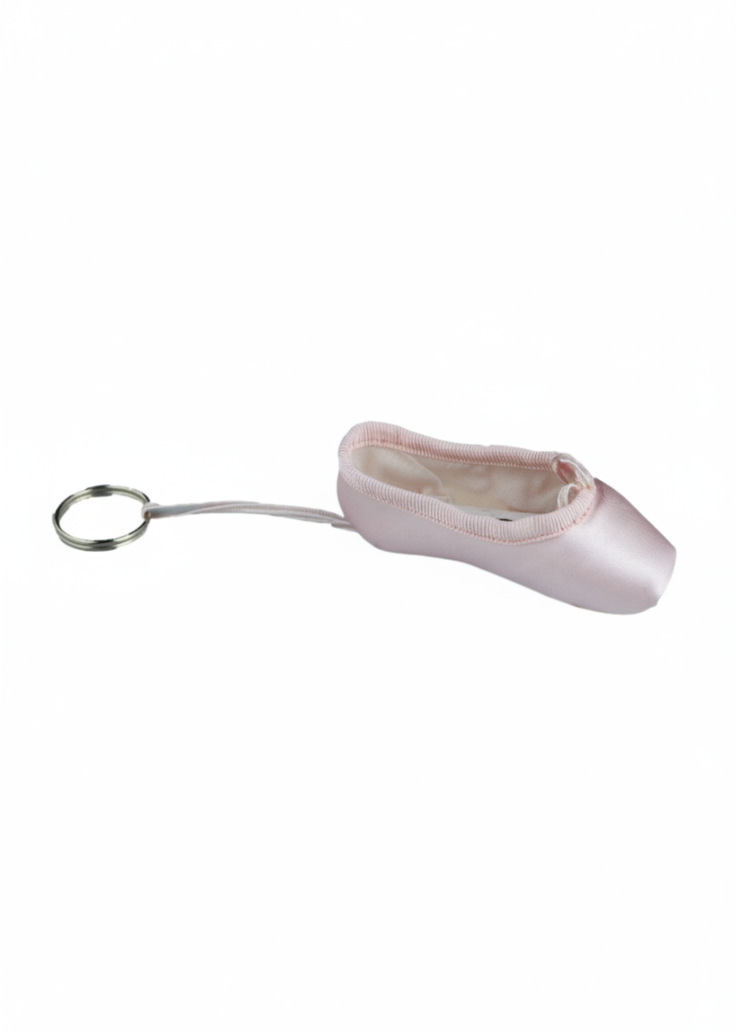 Pink mini pointe shoe keychain with realistic stitching and compact durable design