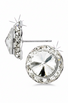 Glamour Goddess Jewelry 15mm rivoli crystal earrings in Crystal, side and front view showing clear rivoli center stone with clear rhinestone halo surround and post backing with butterfly clutch in silver-tone setting