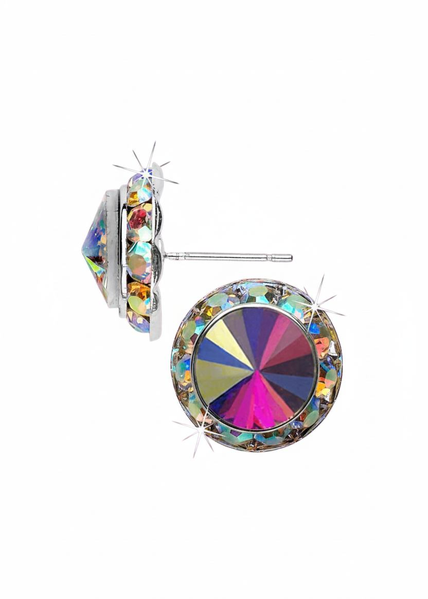 Rivoli Crystal Earrings 20mm AB Post side and front view 