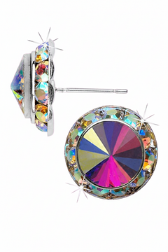 Glamour Goddess Jewelry 15mm rivoli crystal earrings in Crystal AB, side and front view showing aurora borealis rivoli center stone with iridescent AB rhinestone halo surround and post backing with butterfly clutch in silver-tone setting
