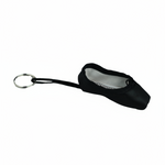 Black mini pointe shoe keychain with realistic stitching and compact durable design