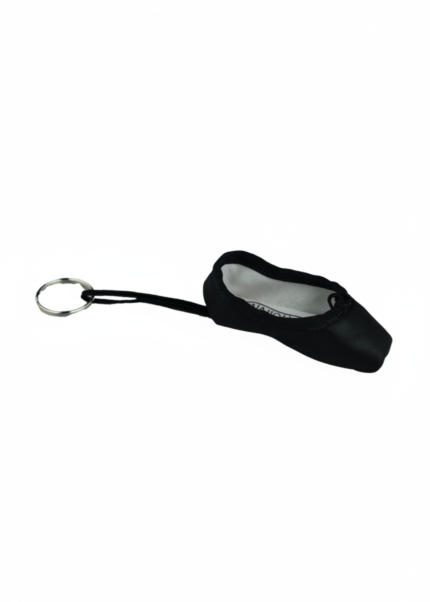Black mini pointe shoe keychain with realistic stitching and compact durable design