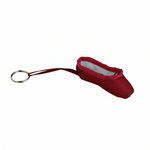 Burgundy mini pointe shoe keychain with realistic stitching and compact durable design